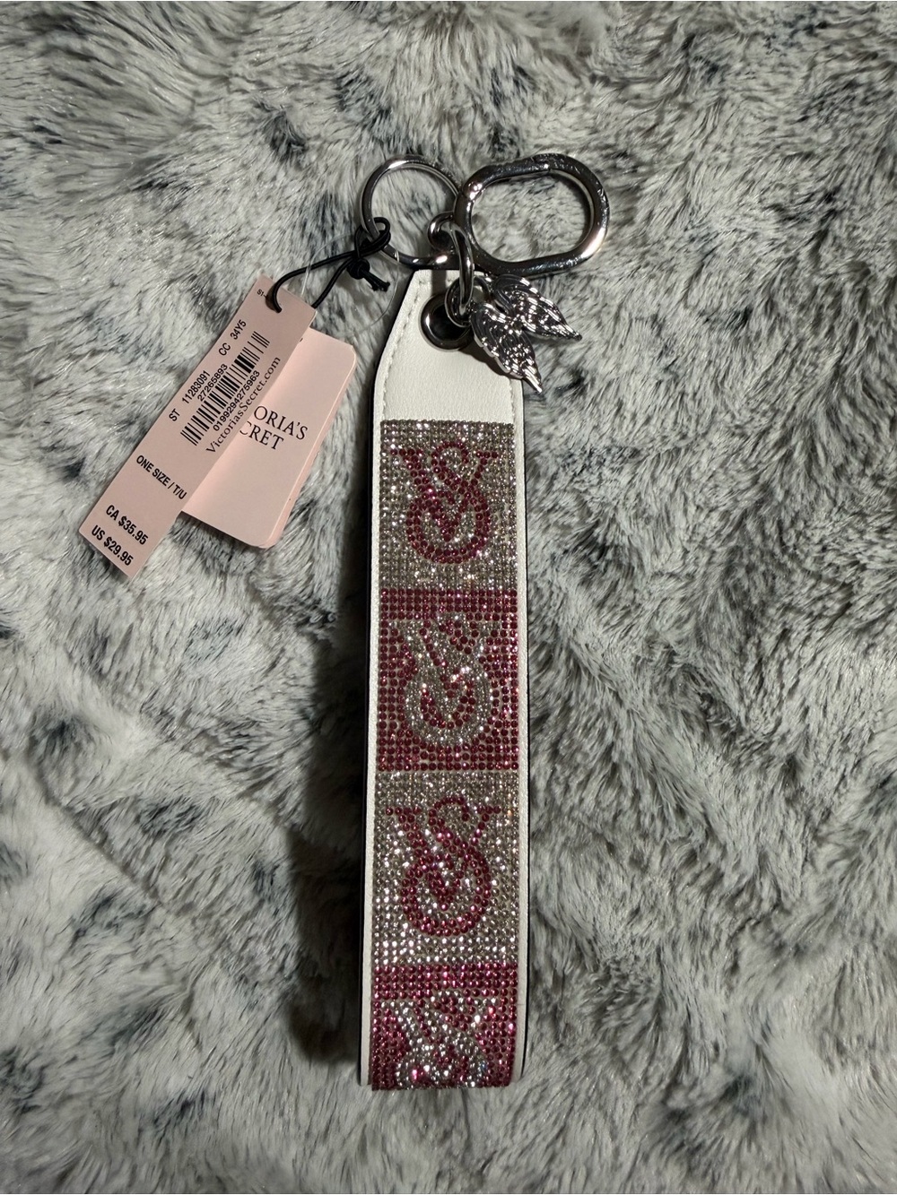 Victoria's Secret White Wristlet Keychain with Pink & Silver Crystals